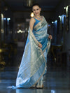 Banarasee Tissue Saree With Handwork Pearl Motifs Mirror Work & Scallop Border-Powder Blue