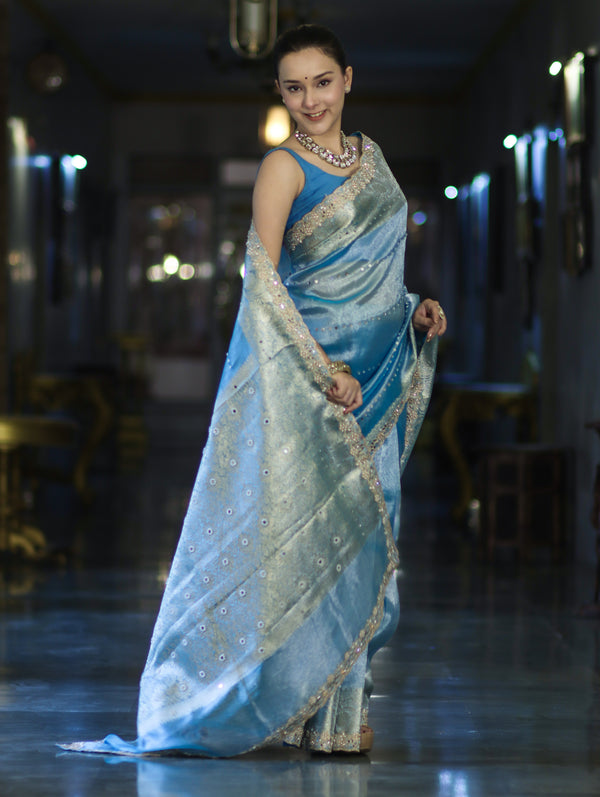 Banarasee Tissue Saree With Handwork Pearl Motifs Mirror Work & Scallop Border-Powder Blue