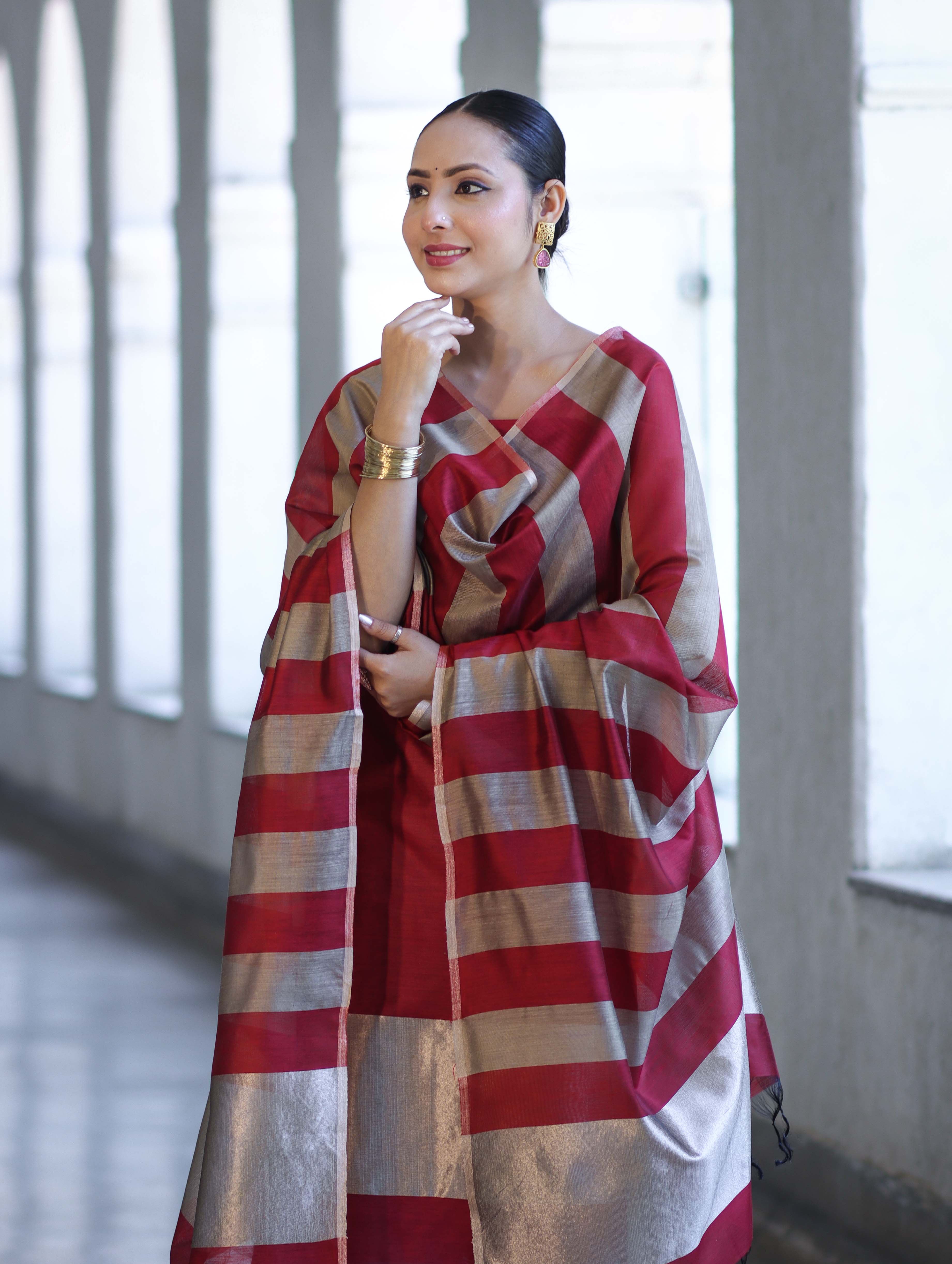Banarasee Cotton Silk Stripe Pattern Salwar Kameez Fabric With Dupatta Set-Maroon