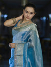 Banarasee Tissue Saree With Handwork Pearl Motifs Mirror Work & Scallop Border-Powder Blue