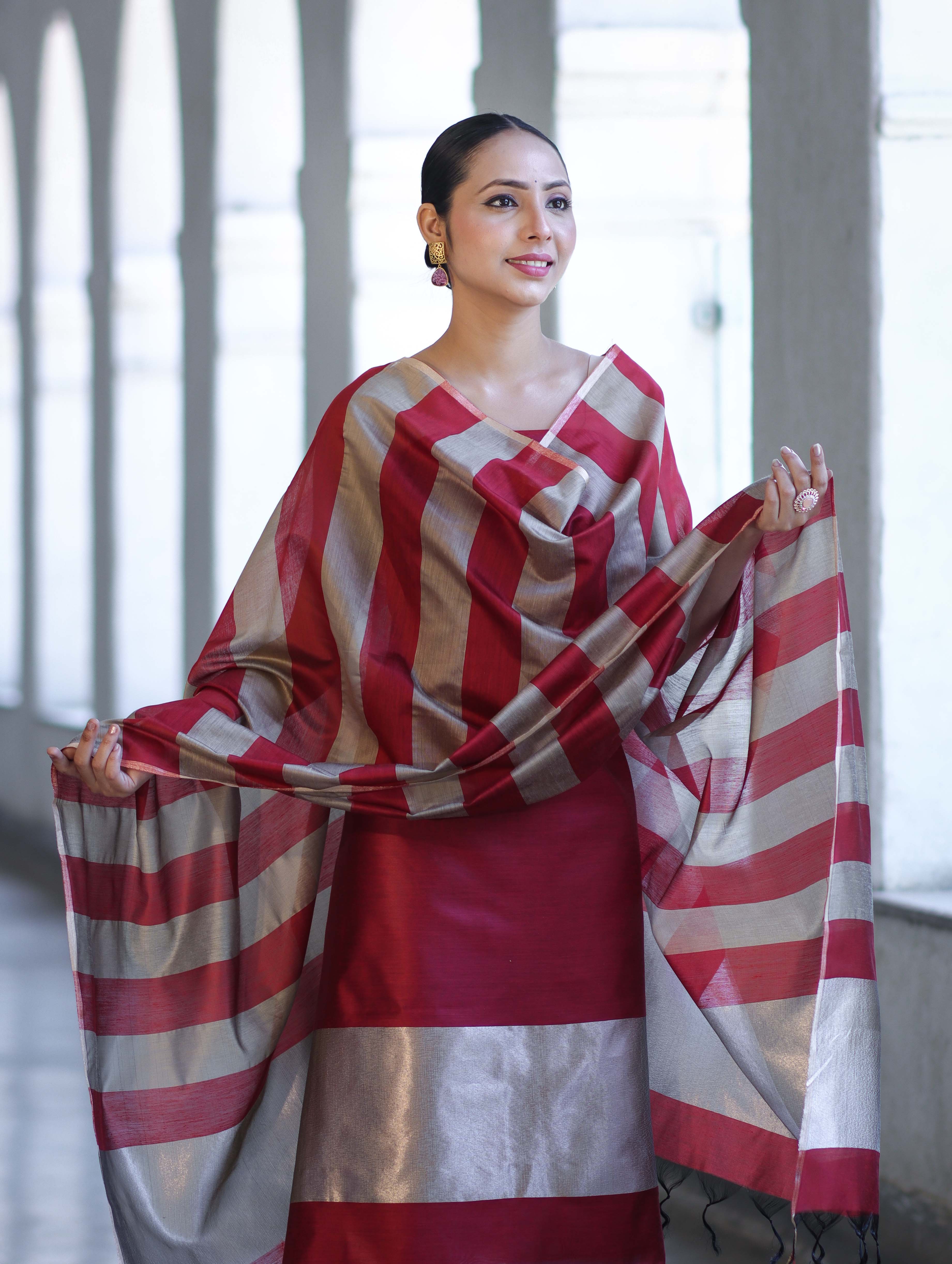 Banarasee Cotton Silk Stripe Pattern Salwar Kameez Fabric With Dupatta Set-Maroon