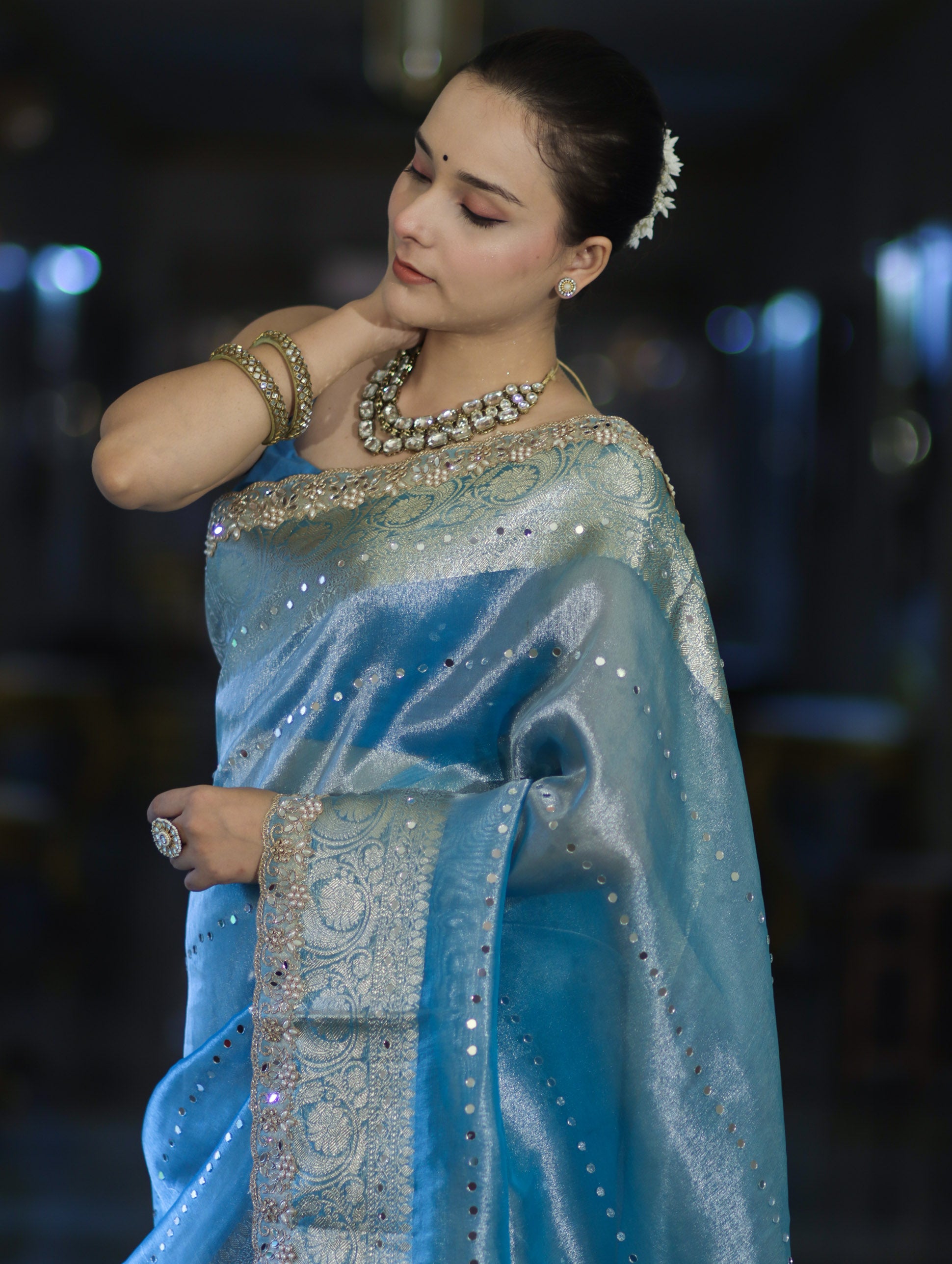 Banarasee Tissue Saree With Handwork Pearl Motifs Mirror Work & Scallop Border-Powder Blue