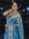 Banarasee Tissue Saree With Handwork Pearl Motifs Mirror Work & Scallop Border-Powder Blue