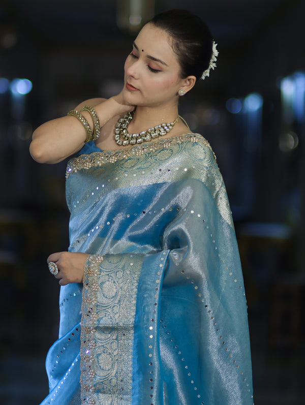 Banarasee Tissue Saree With Handwork Pearl Motifs Mirror Work & Scallop Border-Powder Blue