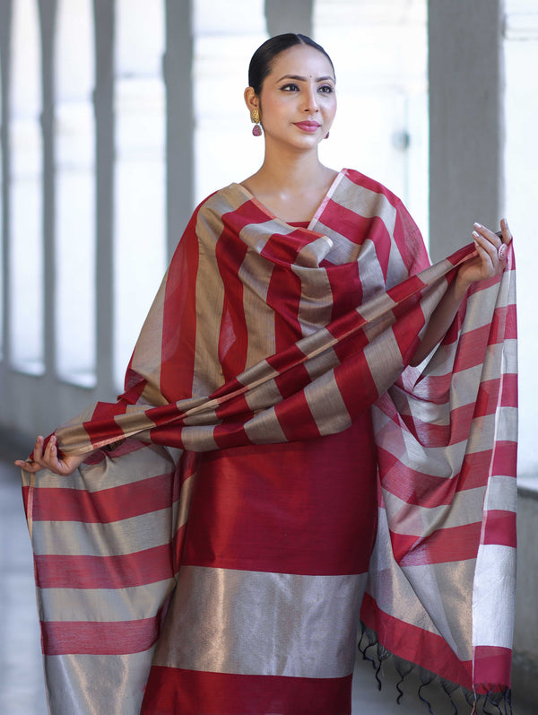 Banarasee Cotton Silk Stripe Pattern Salwar Kameez Fabric With Dupatta Set-Maroon