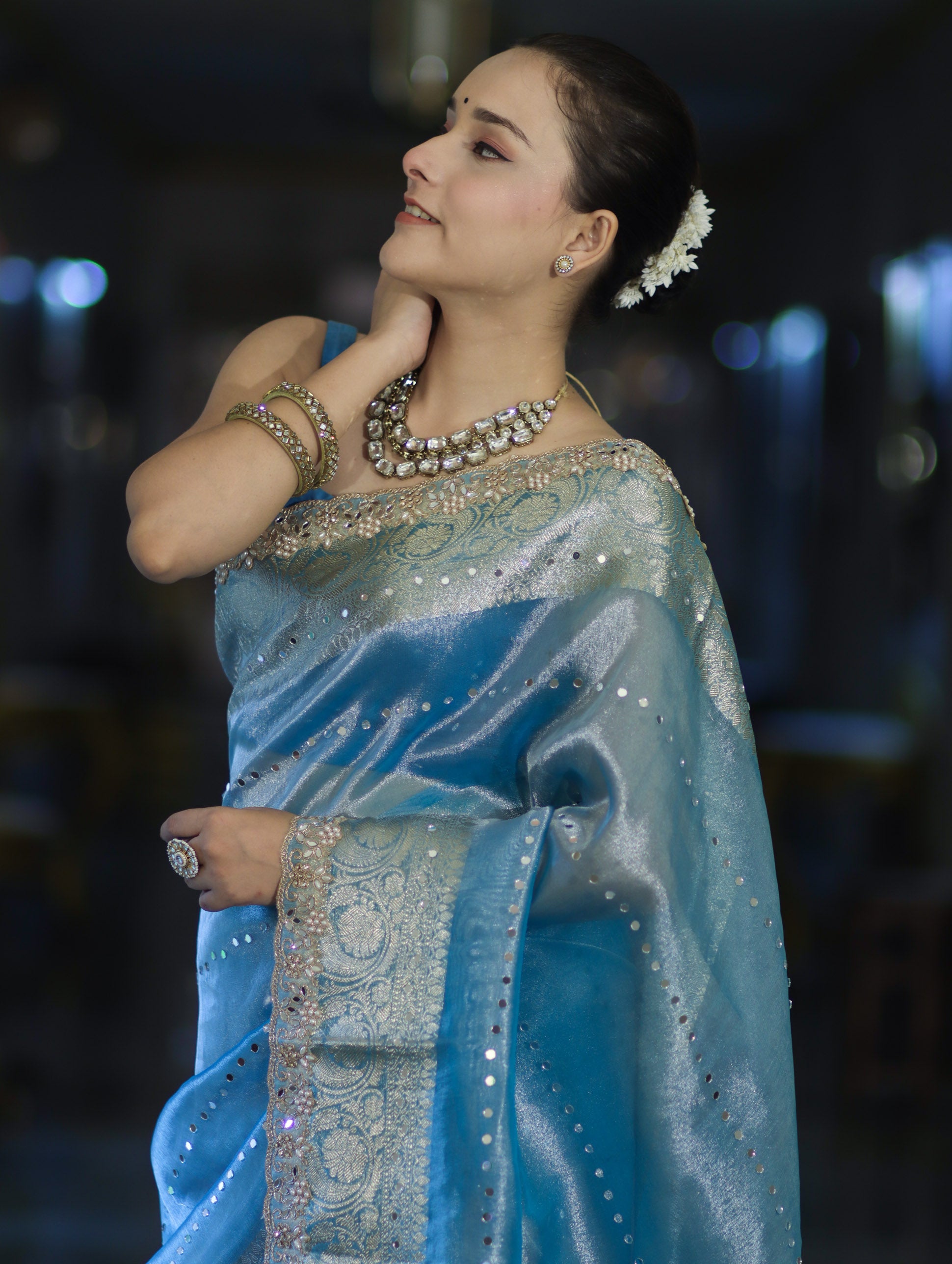 Banarasee Tissue Saree With Handwork Pearl Motifs Mirror Work & Scallop Border-Powder Blue