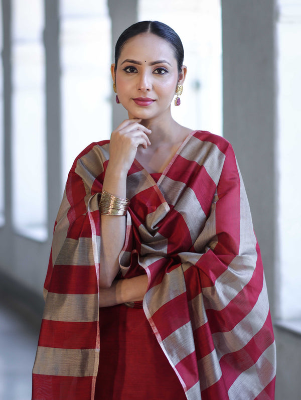 Banarasee Cotton Silk Stripe Pattern Salwar Kameez Fabric With Dupatta Set-Maroon