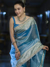 Banarasee Tissue Saree With Handwork Pearl Motifs Mirror Work & Scallop Border-Powder Blue