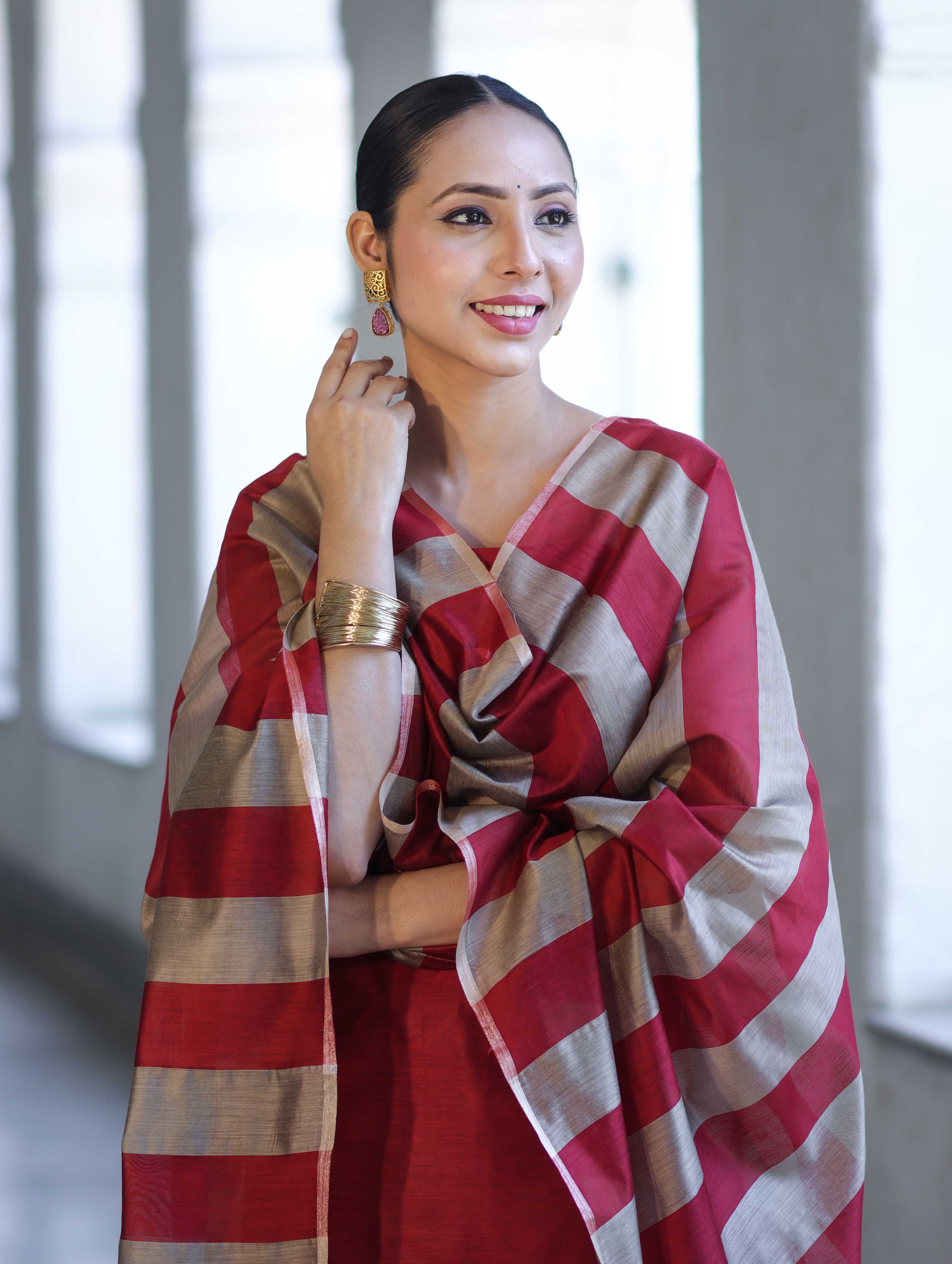 Banarasee Cotton Silk Stripe Pattern Salwar Kameez Fabric With Dupatta Set-Maroon
