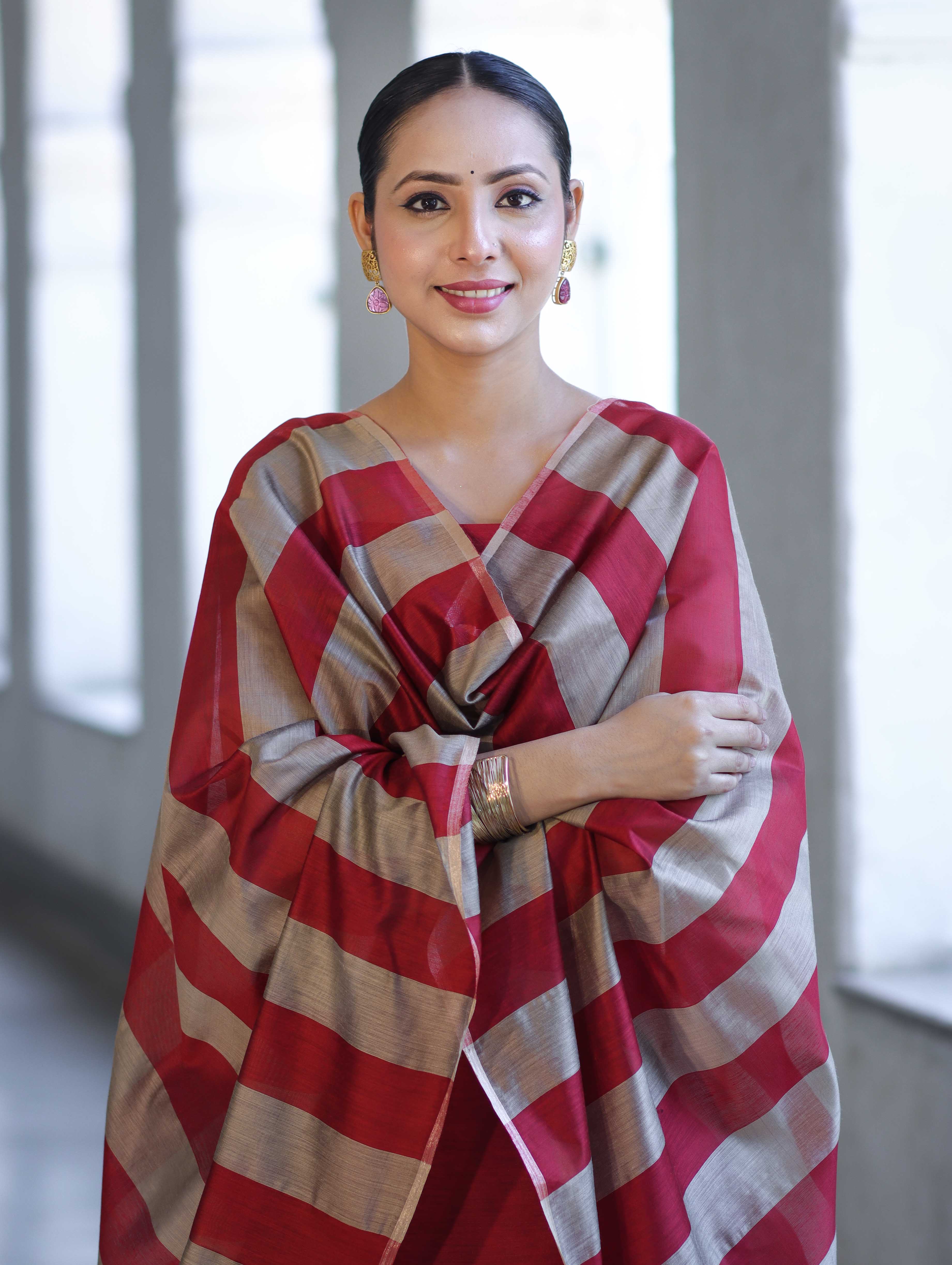 Banarasee Cotton Silk Stripe Pattern Salwar Kameez Fabric With Dupatta Set-Maroon