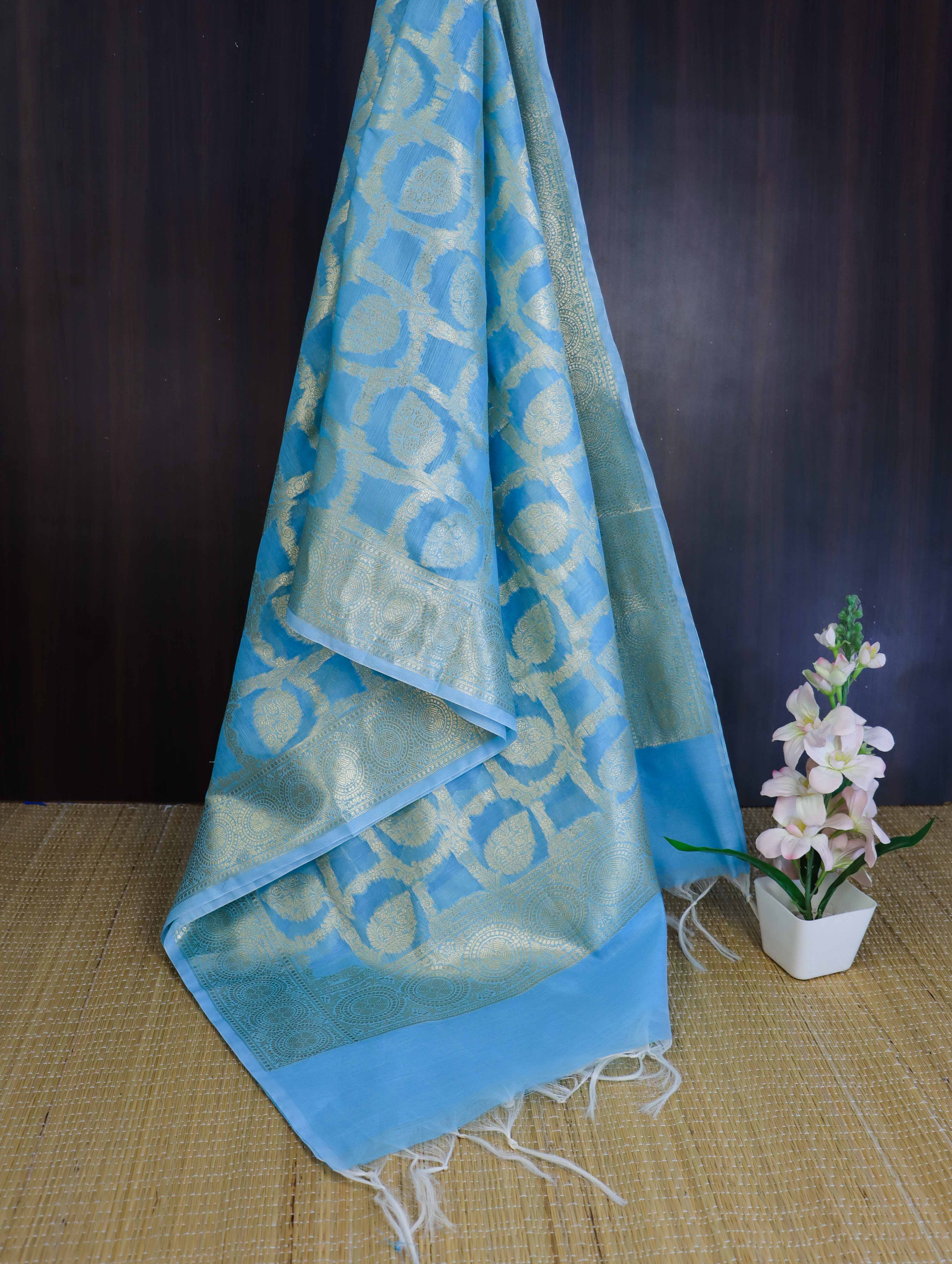 Banarasee Cotton Silk Dupatta With Zari Woven Jaal Design-Sky Blue