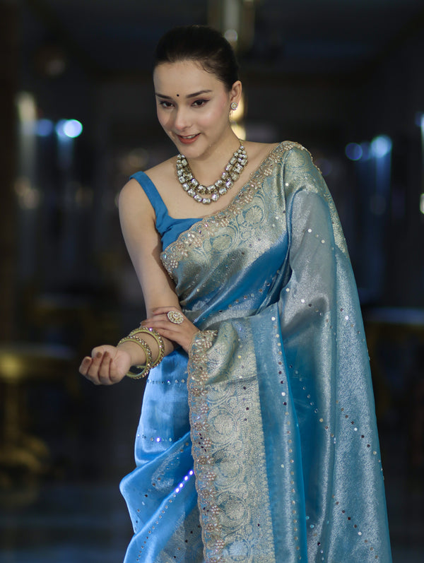 Banarasee Tissue Saree With Handwork Pearl Motifs Mirror Work & Scallop Border-Powder Blue