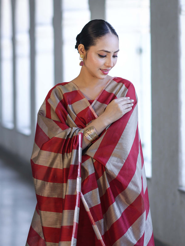 Banarasee Cotton Silk Stripe Pattern Salwar Kameez Fabric With Dupatta Set-Maroon