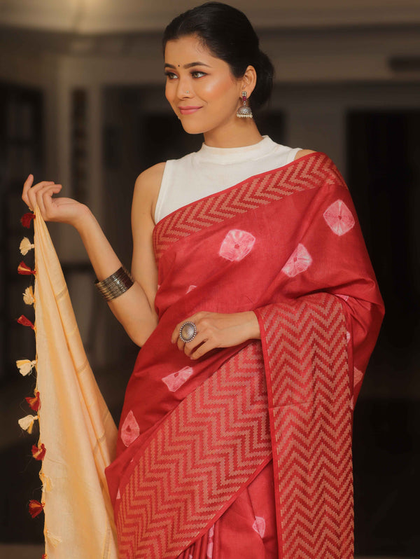 Bhagalpur Cotton Silk Shibori Dyed Ghichha Border Saree-Maroon