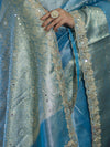 Banarasee Tissue Saree With Handwork Pearl Motifs Mirror Work & Scallop Border-Powder Blue