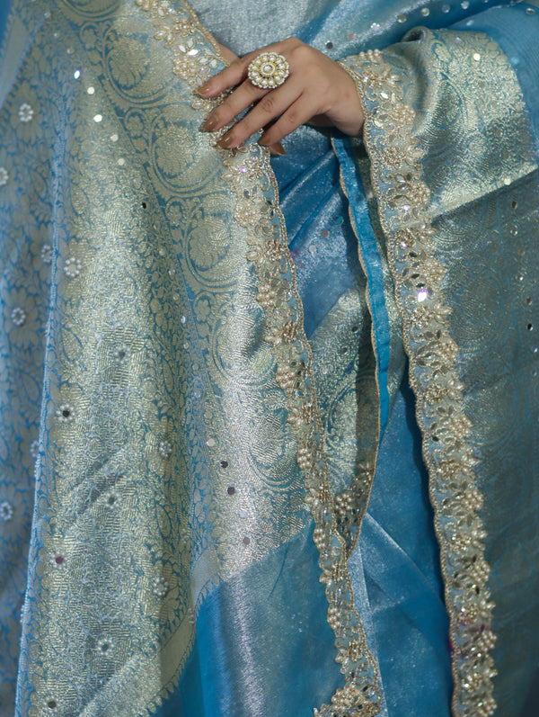 Banarasee Tissue Saree With Handwork Pearl Motifs Mirror Work & Scallop Border-Powder Blue