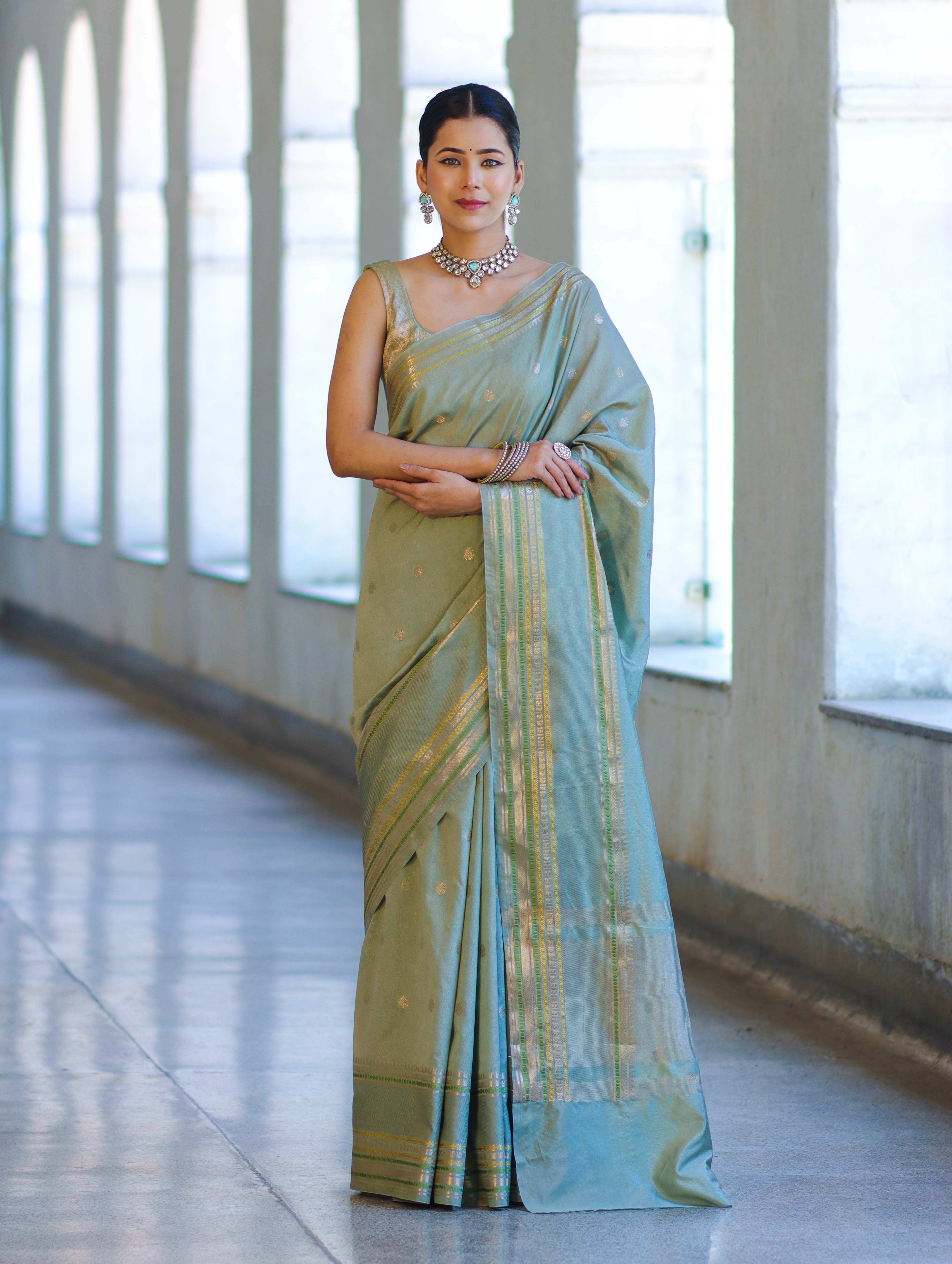 Banarasee Handloom Semi Silk Saree With Buti Design & Striped Zari Border-Pastel Green
