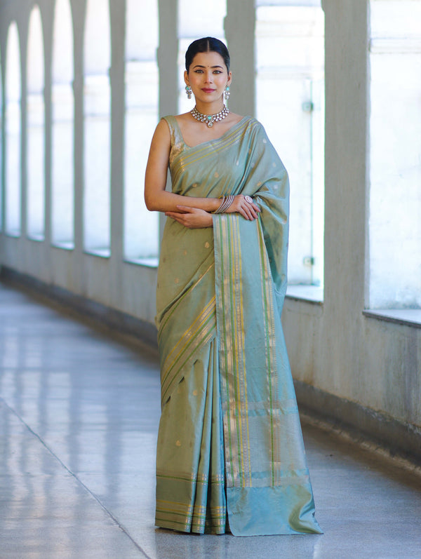Banarasee Handloom Semi Silk Saree With Buti Design & Striped Zari Border-Pastel Green