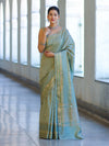 Banarasee Handloom Semi Silk Saree With Buti Design & Striped Zari Border-Pastel Green