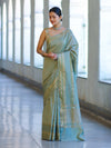 Banarasee Handloom Semi Silk Saree With Buti Design & Striped Zari Border-Pastel Green