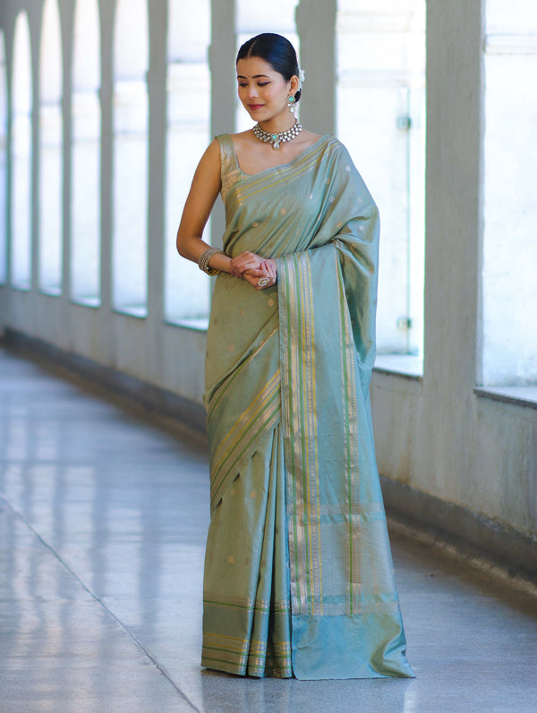 Banarasee Handloom Semi Silk Saree With Buti Design & Striped Zari Border-Pastel Green