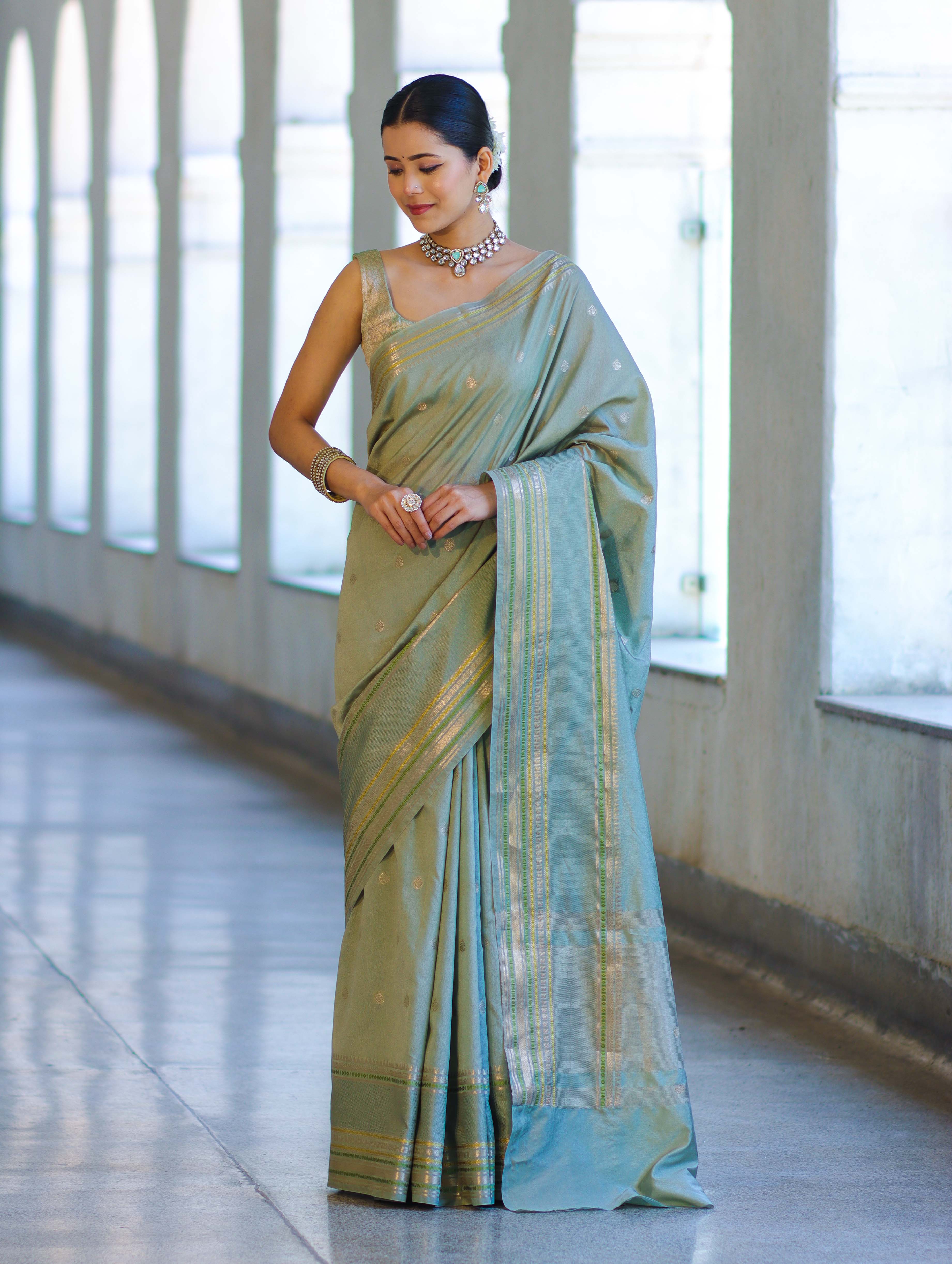 Banarasee Handloom Semi Silk Saree With Buti Design & Striped Zari Border-Pastel Green