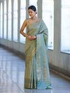 Banarasee Handloom Semi Silk Saree With Buti Design & Striped Zari Border-Pastel Green