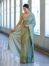 Banarasee Handloom Semi Silk Saree With Buti Design & Striped Zari Border-Pastel Green