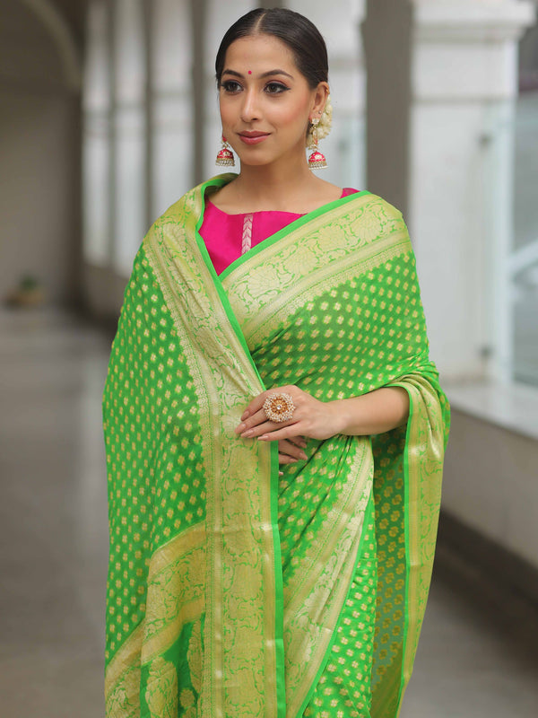 Banarasee Chiffon Floral Zari Buti & Border Saree-Lime Green