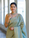 Banarasee Handloom Semi Silk Saree With Buti Design & Striped Zari Border-Pastel Green