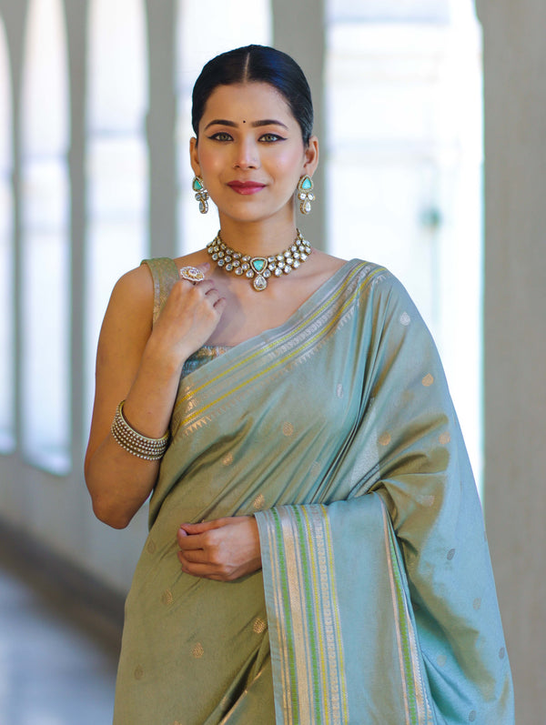 Banarasee Handloom Semi Silk Saree With Buti Design & Striped Zari Border-Pastel Green