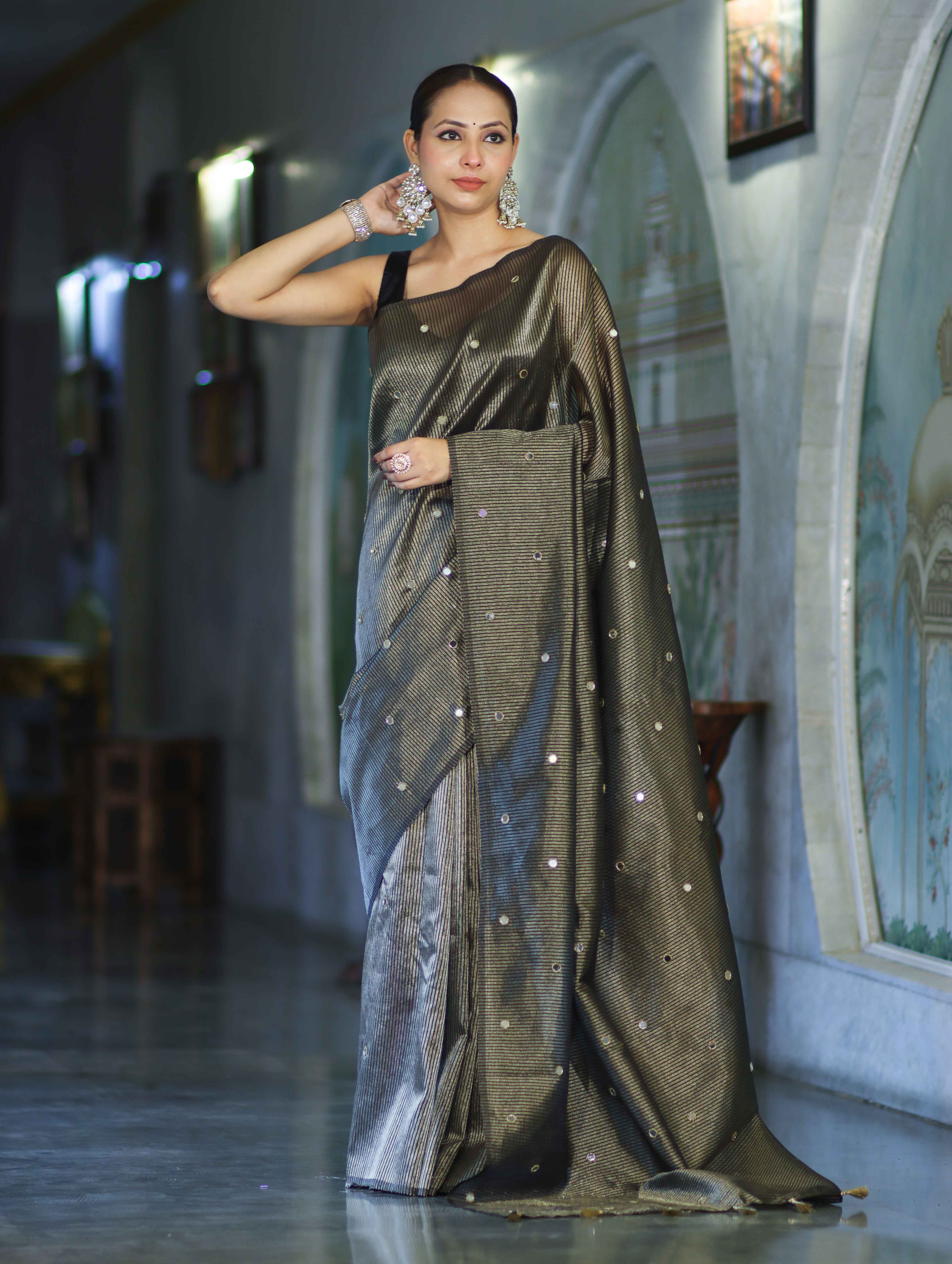 Banarasee Soft Tissue Saree With Hand Embroidered Mirror Work & Zari Stripes Design-Black