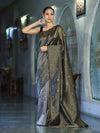 Banarasee Soft Tissue Saree With Hand Embroidered Mirror Work & Zari Stripes Design-Black