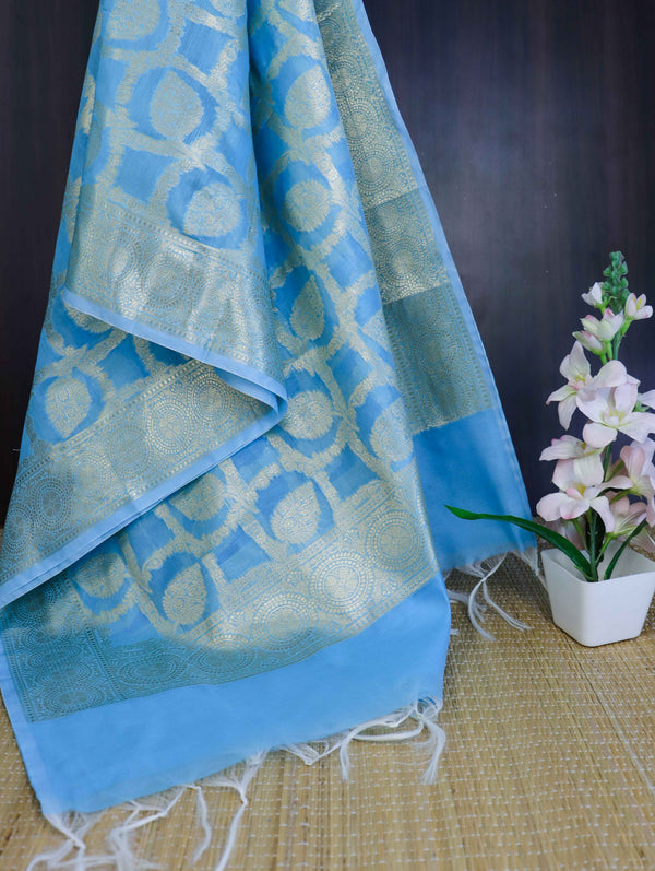 Banarasee Cotton Silk Dupatta With Zari Woven Jaal Design-Sky Blue