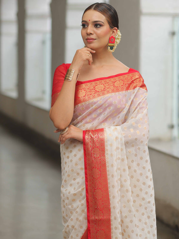 Banarasee Faux Georgette Saree With Zari Work & Contrast Border-White & Red