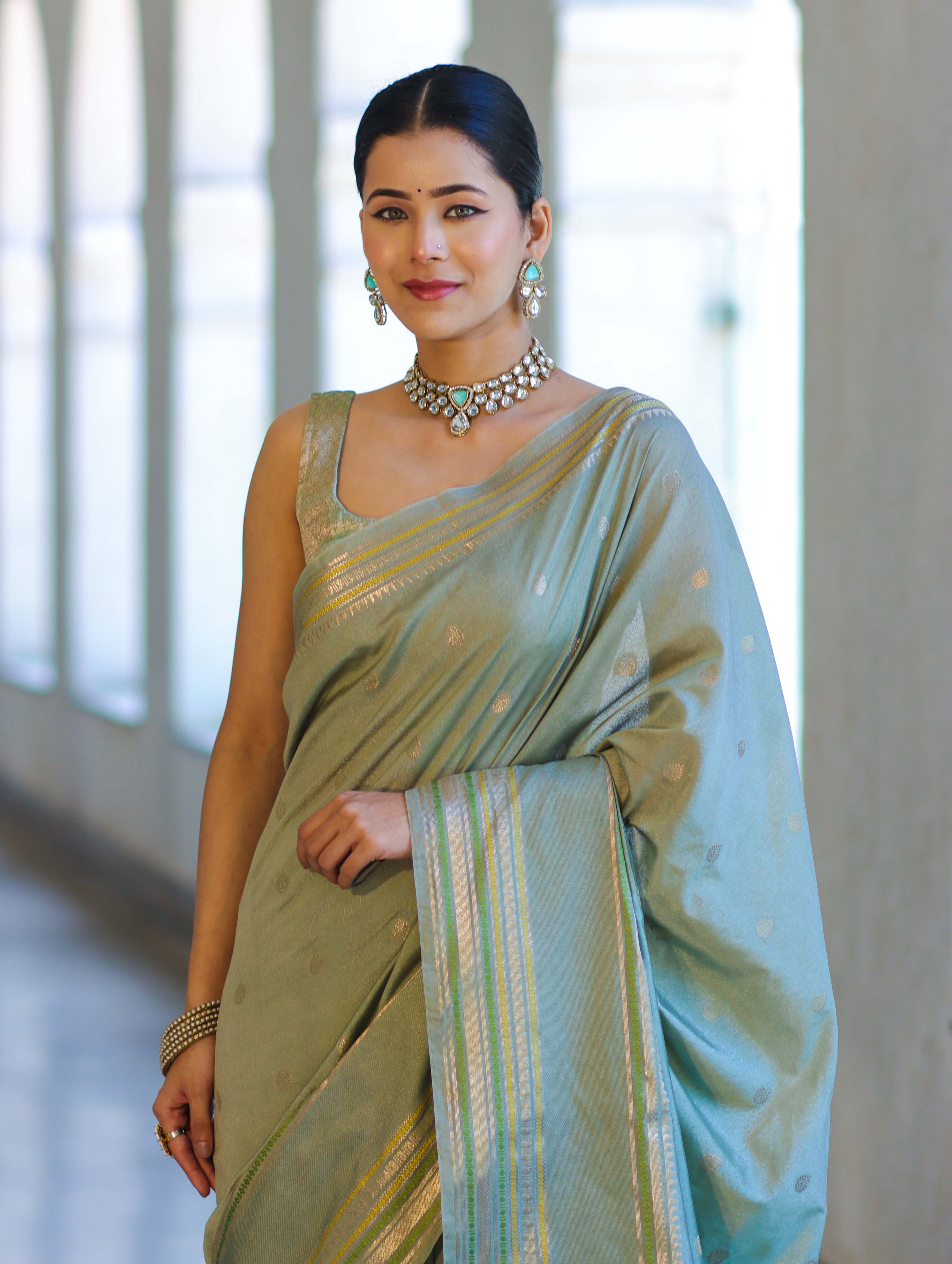 Banarasee Handloom Semi Silk Saree With Buti Design & Striped Zari Border-Pastel Green