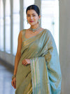 Banarasee Handloom Semi Silk Saree With Buti Design & Striped Zari Border-Pastel Green
