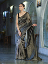 Banarasee Soft Tissue Saree With Hand Embroidered Mirror Work & Zari Stripes Design-Black