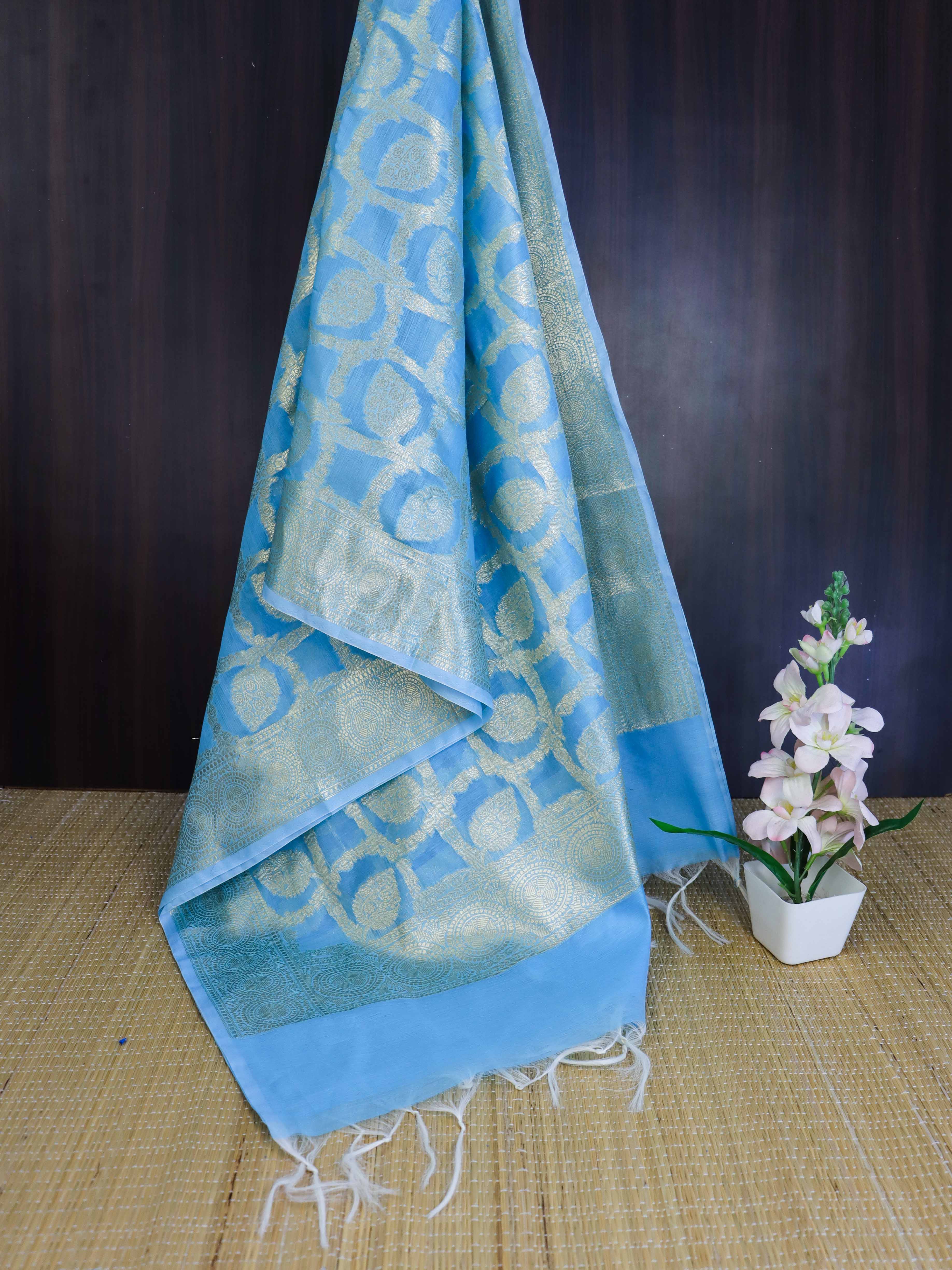 Banarasee Cotton Silk Dupatta With Zari Woven Jaal Design-Sky Blue
