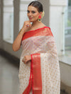 Banarasee Faux Georgette Saree With Zari Work & Contrast Border-White & Red