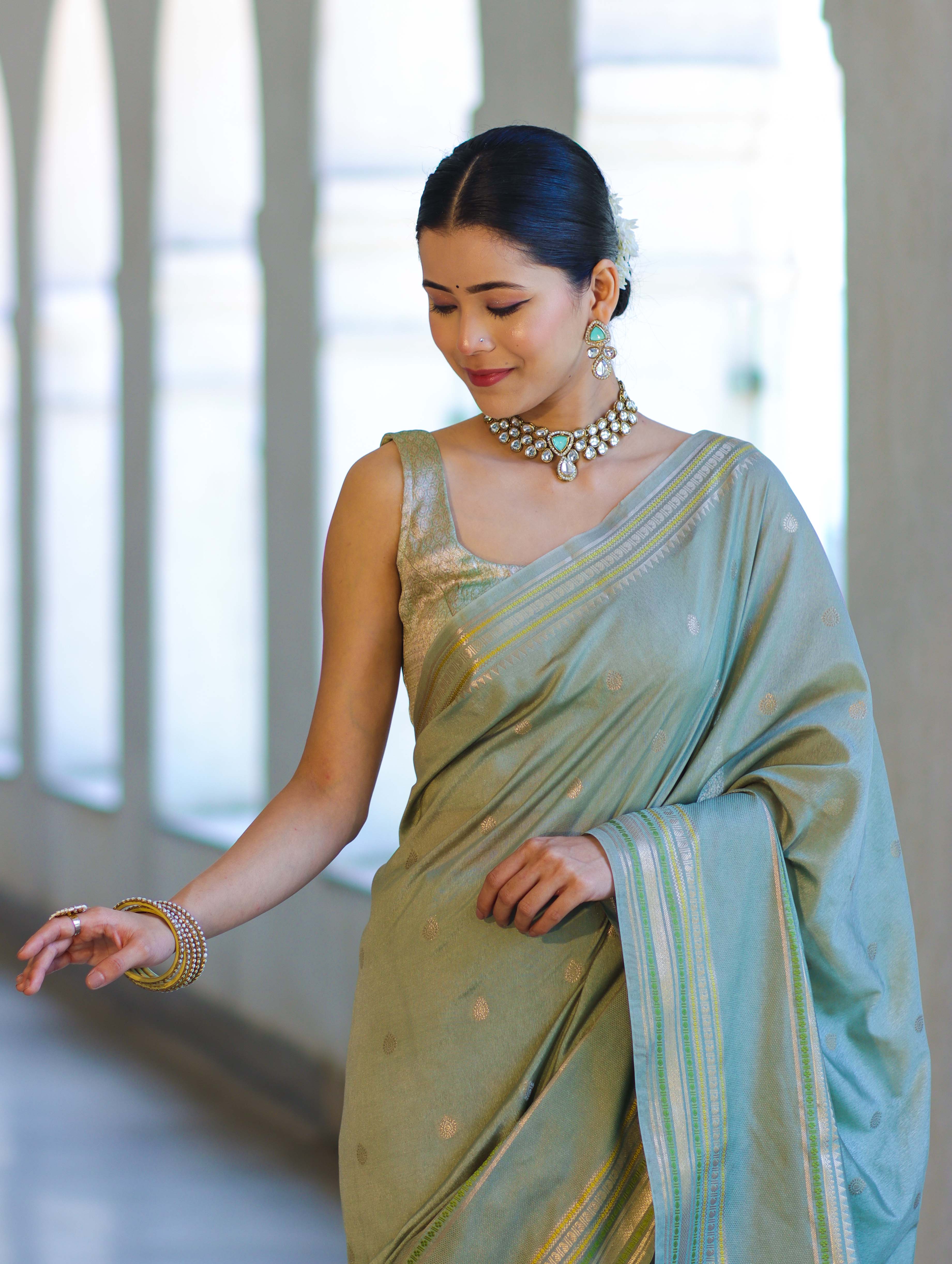 Banarasee Handloom Semi Silk Saree With Buti Design & Striped Zari Border-Pastel Green