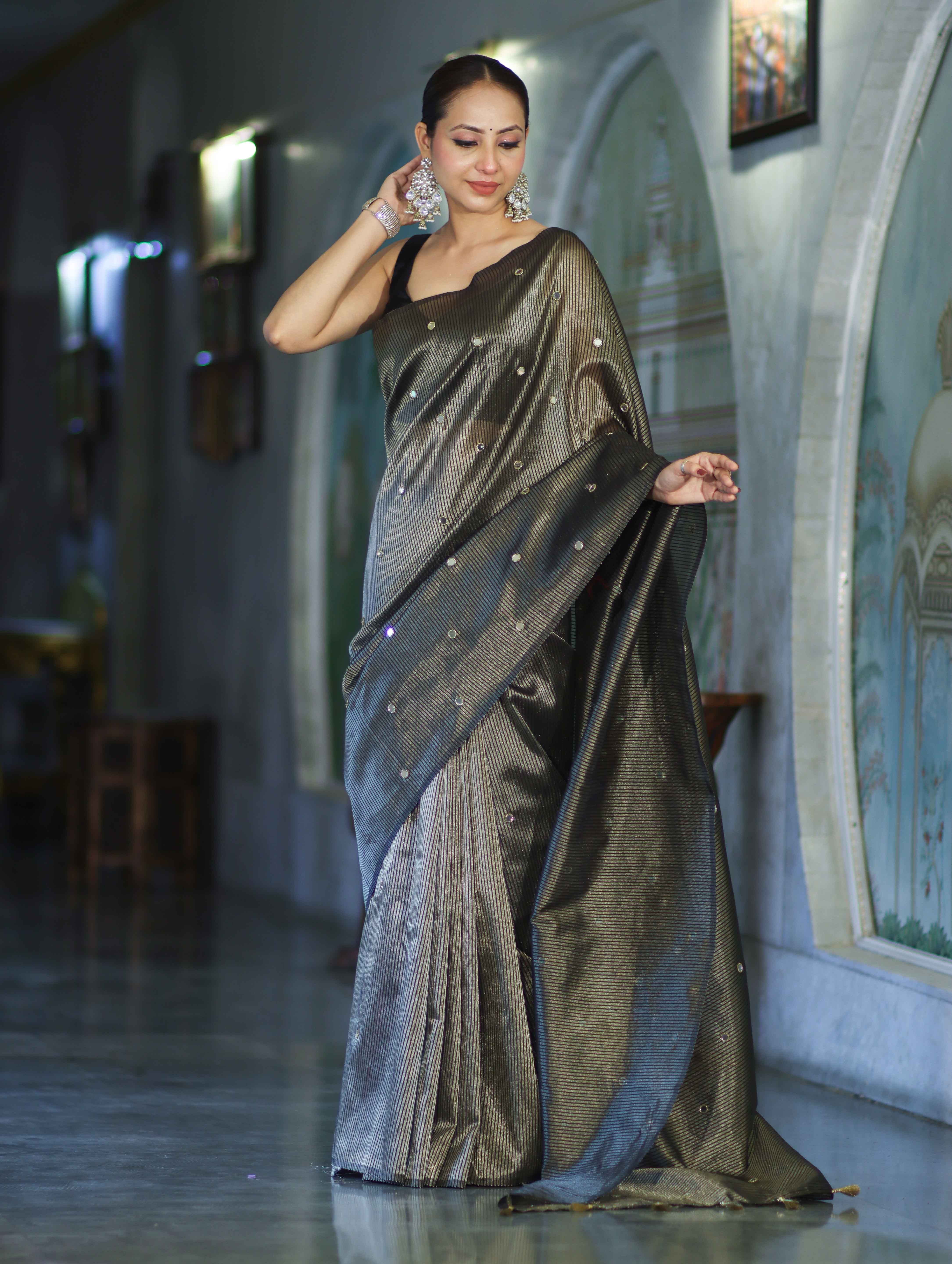 Banarasee Soft Tissue Saree With Hand Embroidered Mirror Work & Zari Stripes Design-Black