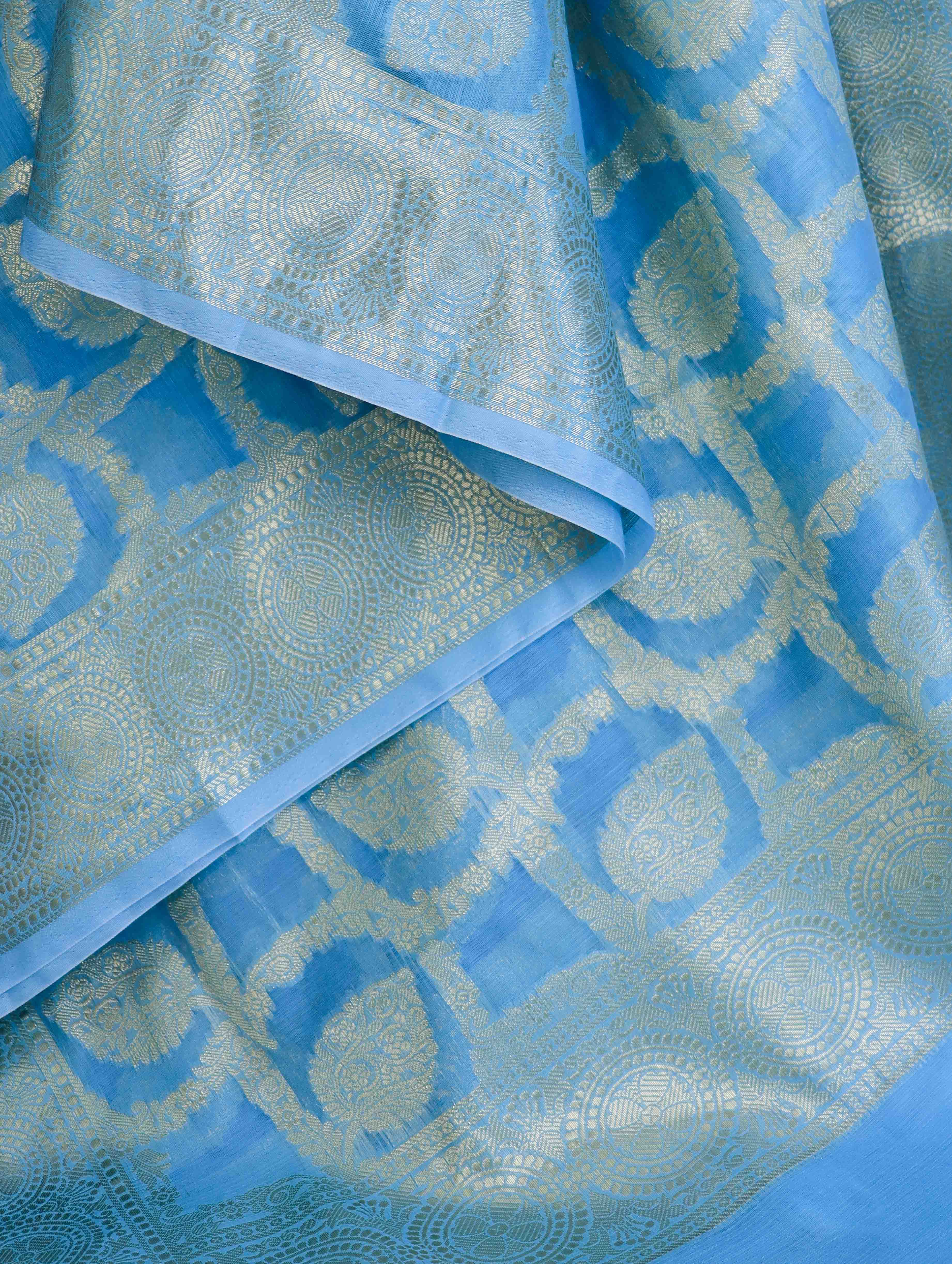 Banarasee Cotton Silk Dupatta With Zari Woven Jaal Design-Sky Blue