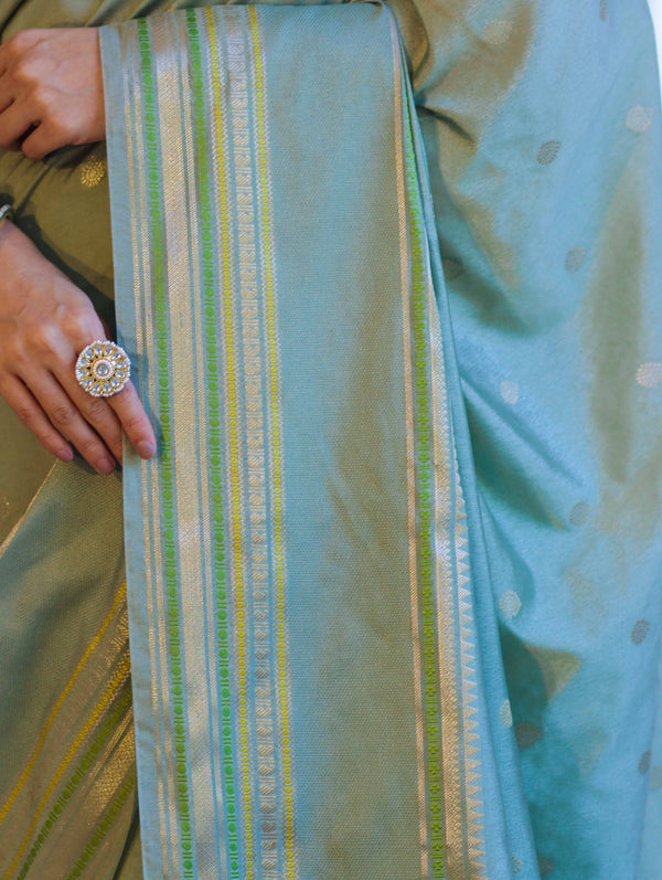 Banarasee Handloom Semi Silk Saree With Buti Design & Striped Zari Border-Pastel Green