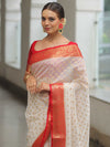 Banarasee Faux Georgette Saree With Zari Work & Contrast Border-White & Red
