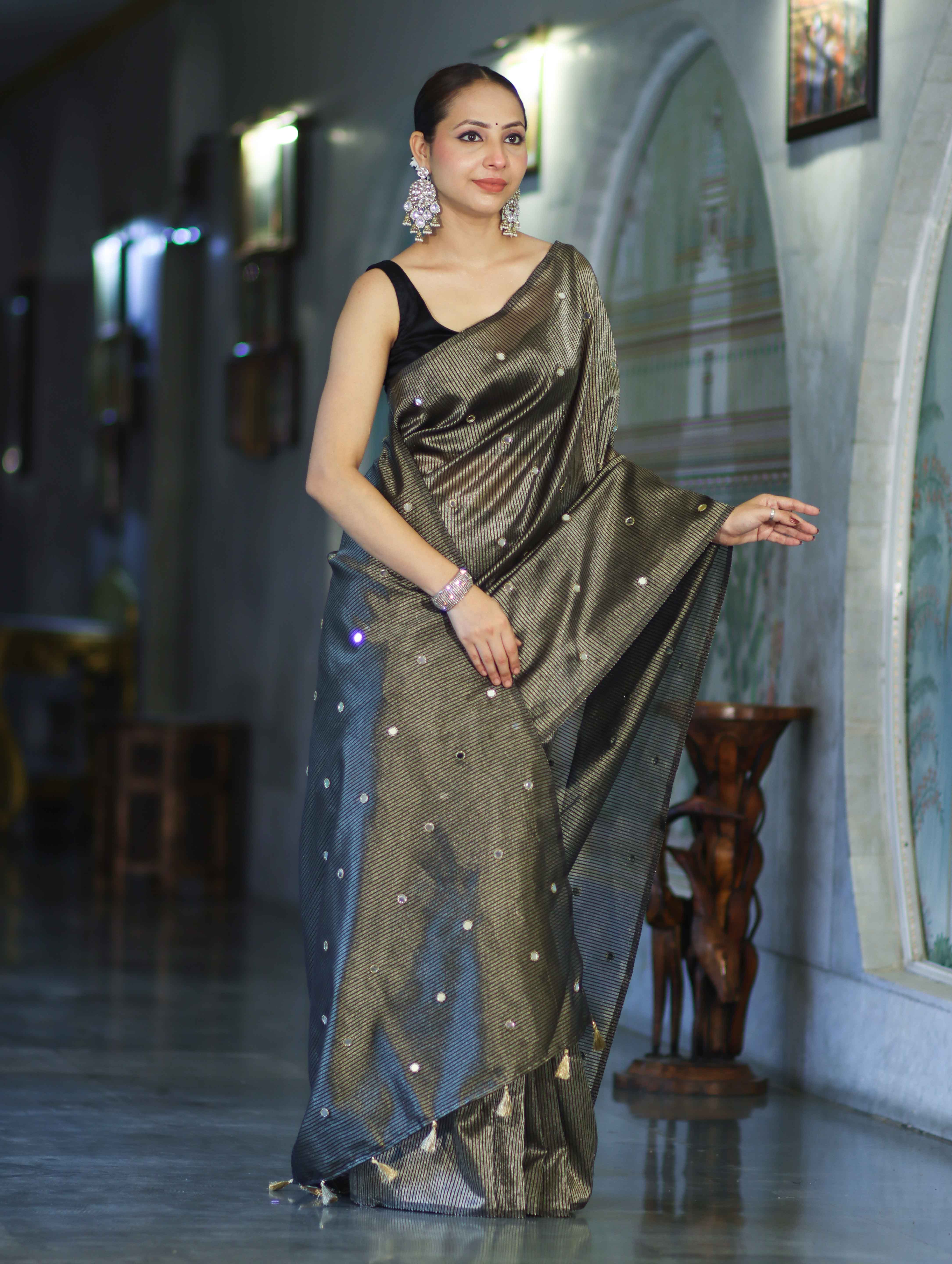 Banarasee Soft Tissue Saree With Hand Embroidered Mirror Work & Zari Stripes Design-Black