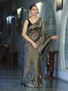 Banarasee Soft Tissue Saree With Hand Embroidered Mirror Work & Zari Stripes Design-Black