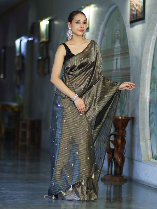 Banarasee Soft Tissue Saree With Hand Embroidered Mirror Work & Zari Stripes Design-Black