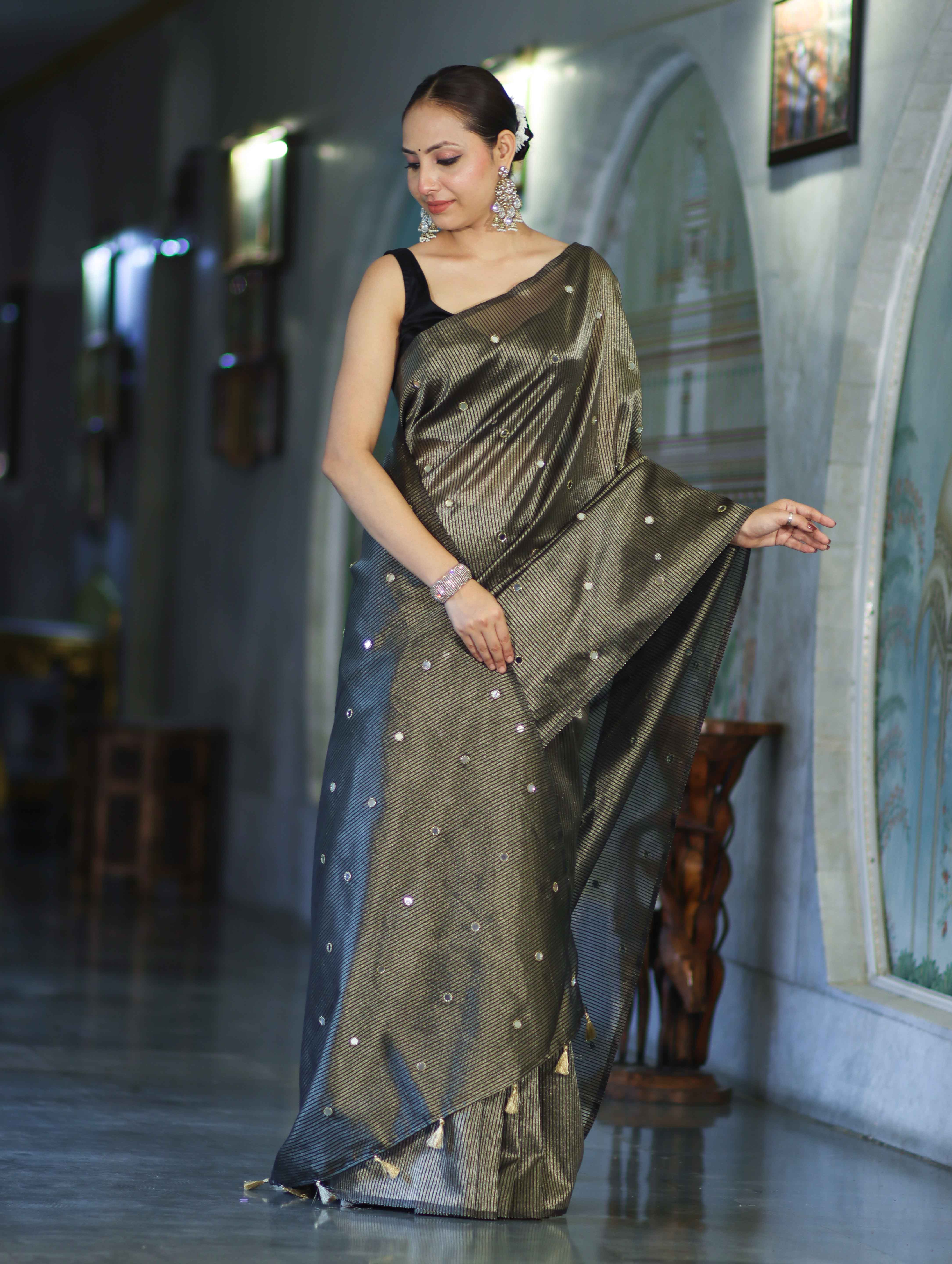 Banarasee Soft Tissue Saree With Hand Embroidered Mirror Work & Zari Stripes Design-Black
