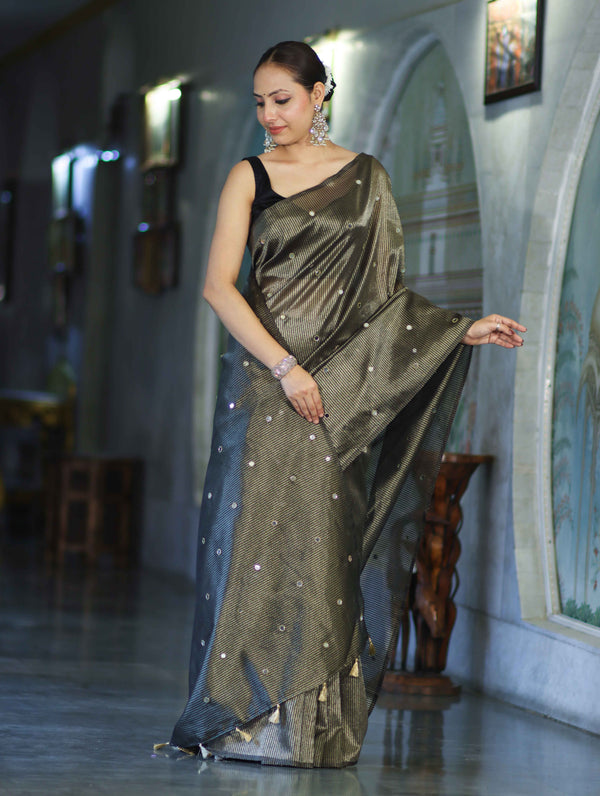 Banarasee Soft Tissue Saree With Hand Embroidered Mirror Work & Zari Stripes Design-Black